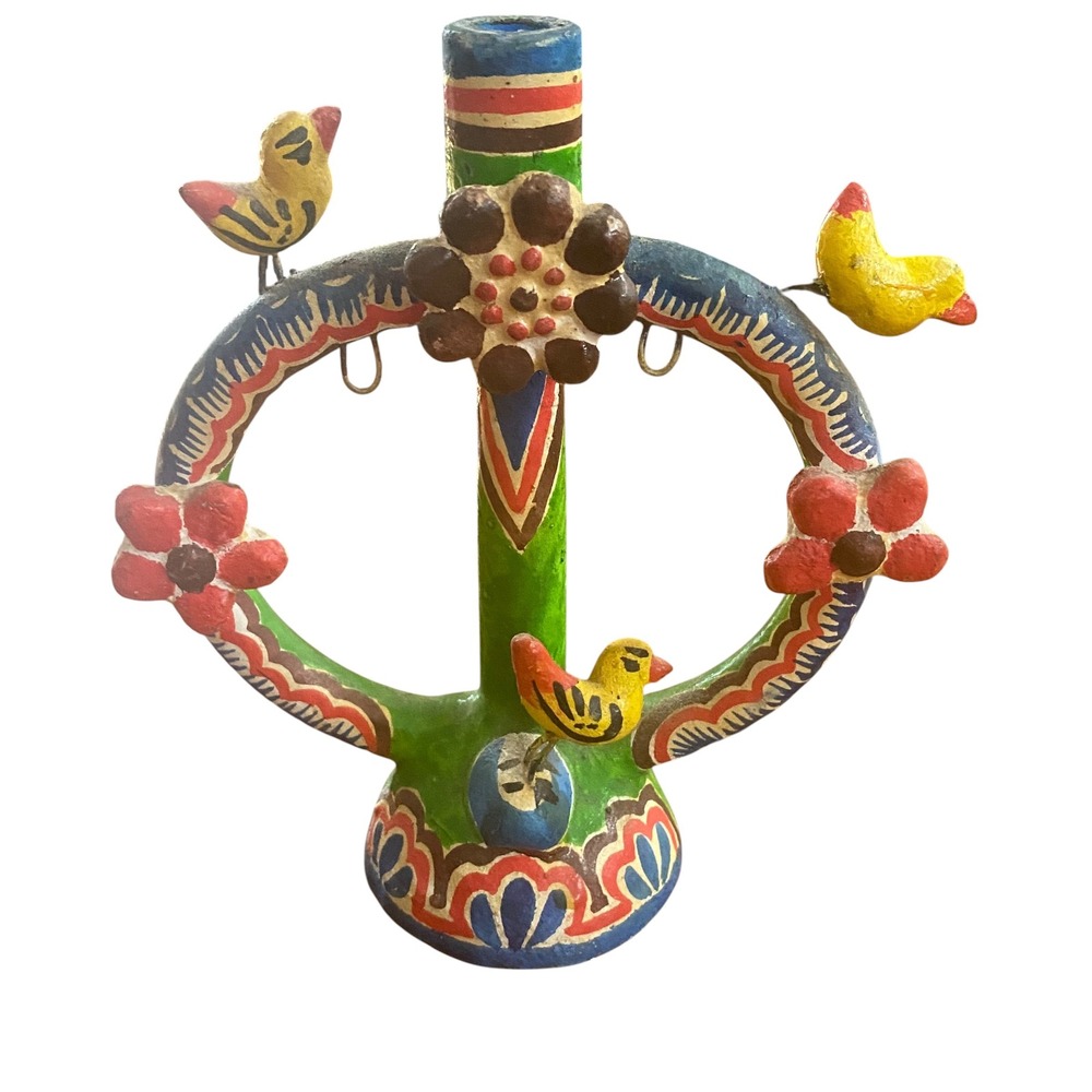Vintage Mexican Folk Art Tree of Life Clay Candelabra Birds Flowers Hand Painted